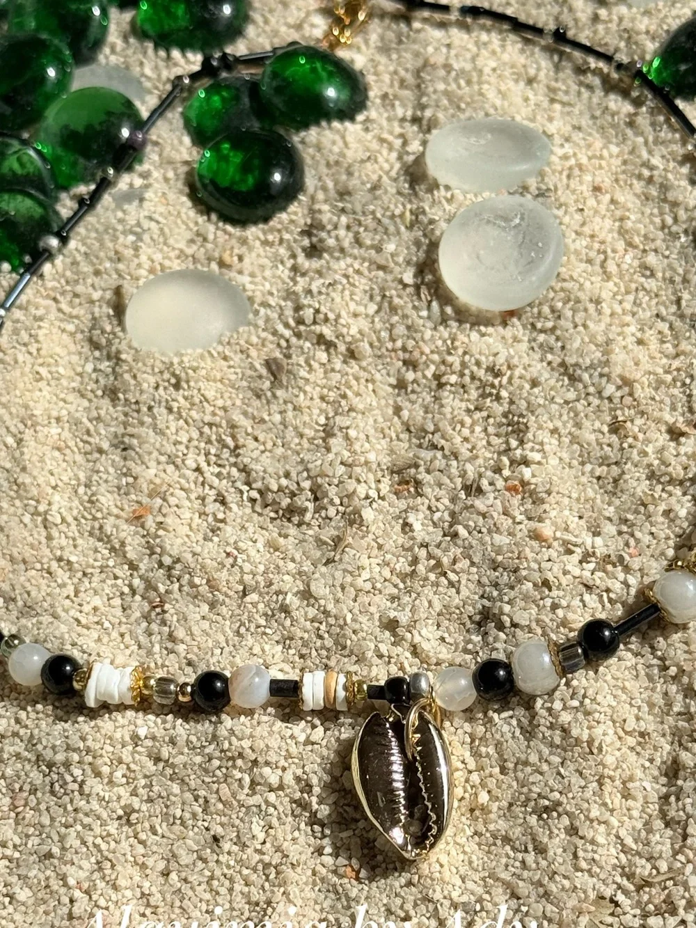 Gold Cowrie Shell Pendant Necklace with Black onyx and White agate Beads